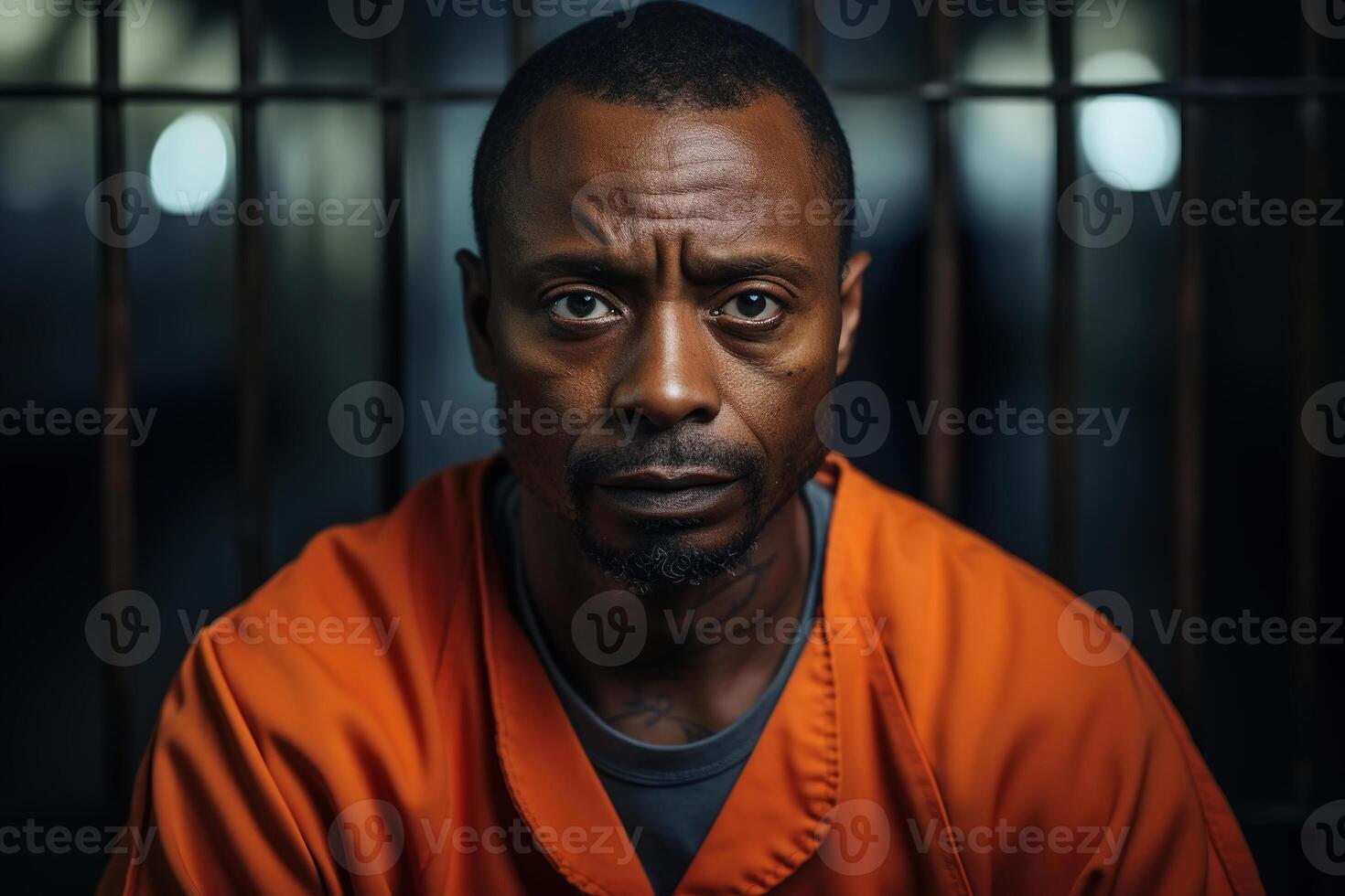 AI generated African American prisoner in prison, portrait of sad adult man in an orange robe sitting in prison cell. Crime, arrest photo