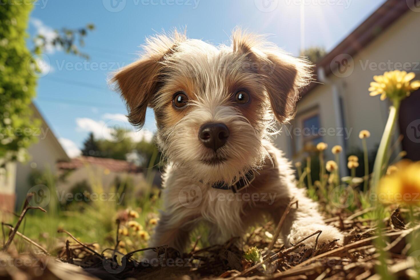 AI generated Curious funny pet shaggy dog looking at camera in backyard of house outdoors photo