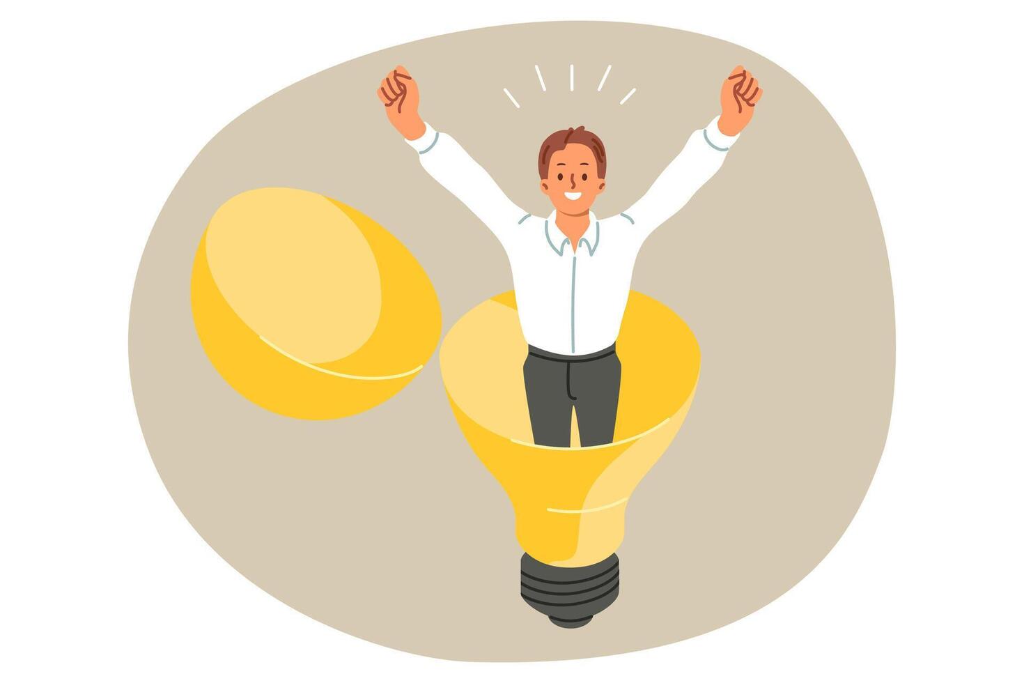 Happy businessman stands inside light bulb, raising hands up and rejoicing at new idea to accelerate professional growth. Man entrepreneur came up with business idea to improve marketing performance vector