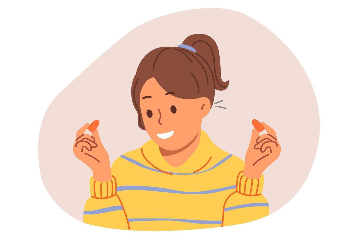 Woman uses earplugs to block out noise from neighbors so can concentrate or sleep. Earplugs in hands of happy teenage girl preparing ready to start work and getting rid of distractions vector