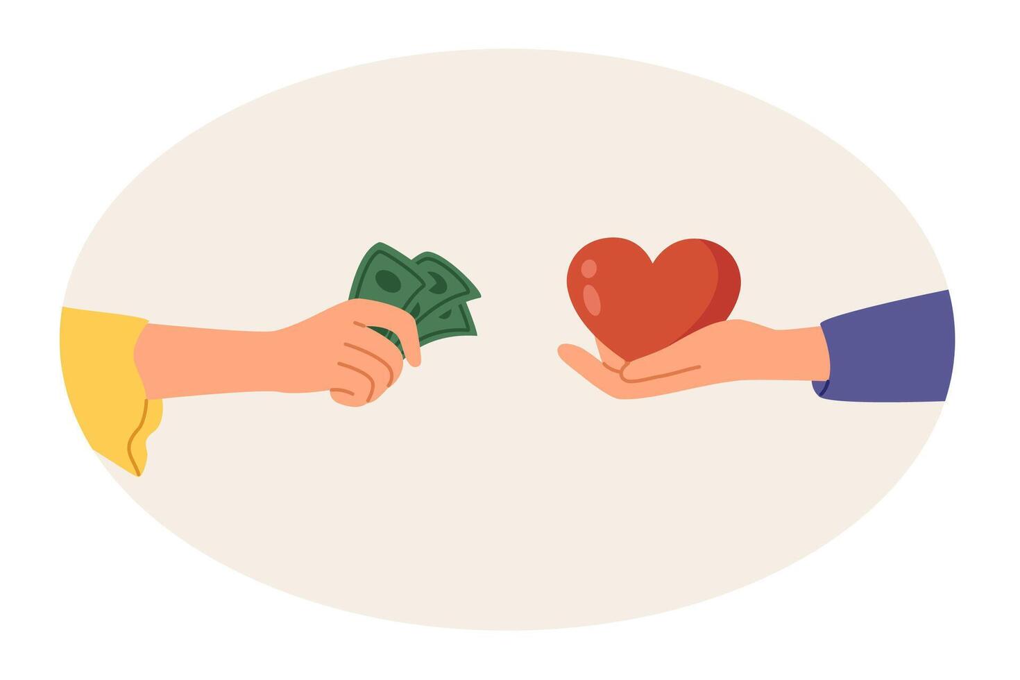 Buying love with money and relationships built on financial mutual benefit, with hands of people with hearts and cash. Metaphor of economic investments to create strong family with loving spouses vector