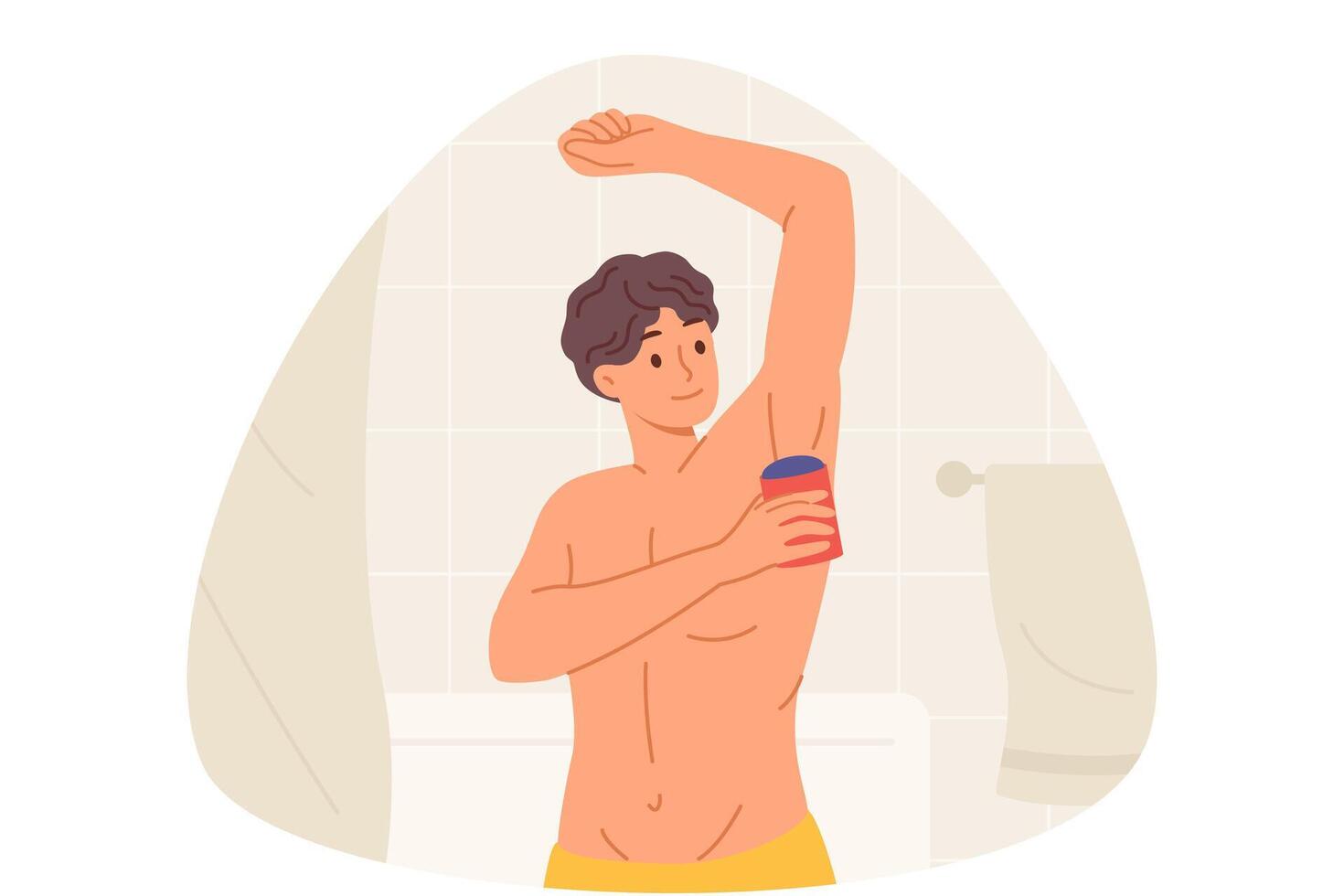 Man uses roll-on deodorant to get rid of sweat on armpits, standing in bathroom with torso naked. Guy gets ready for work or walk in morning, uses deodorant to make good impression on others vector