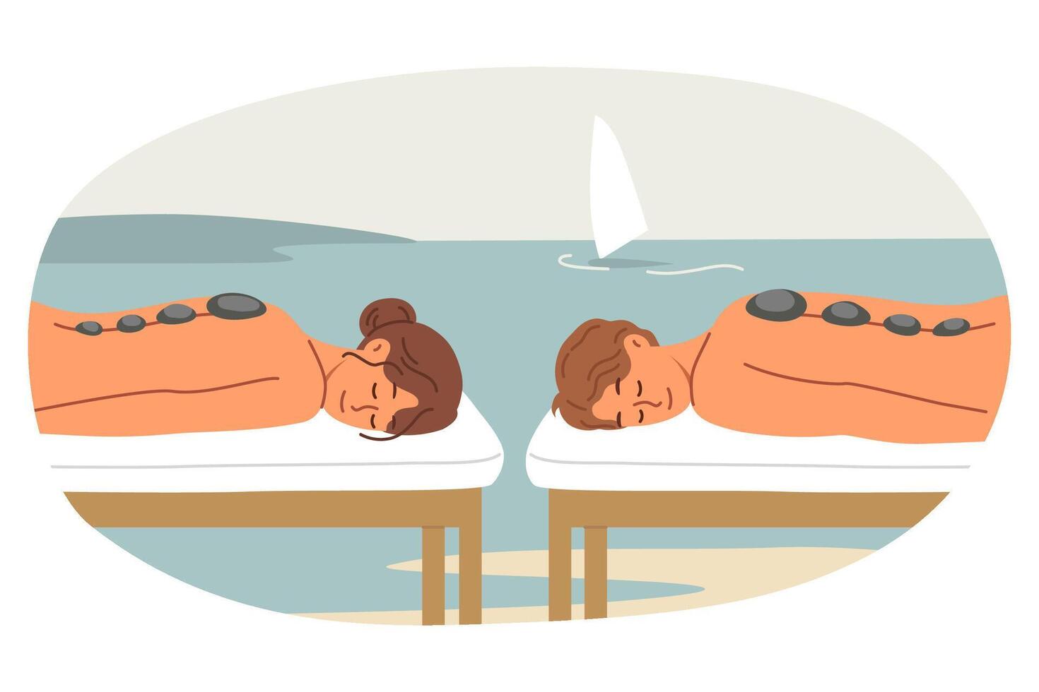 Outdoor SPA and hot stone massage for man with woman lying on ocean and enjoying rejuvenation therapy. Happy married couple enjoys SPA services to relax while traveling to sunny island vector