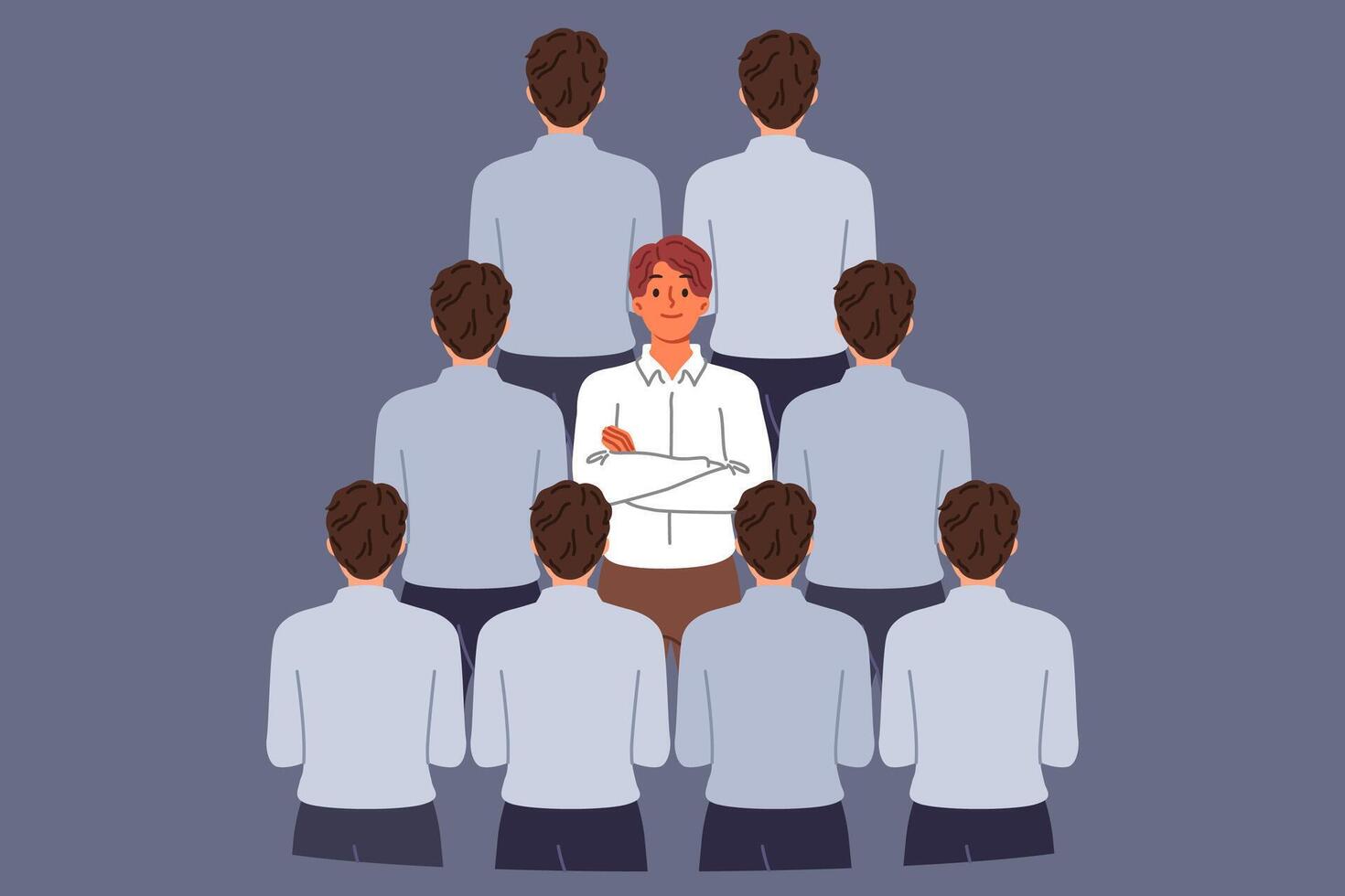 Man stands out from crowd of business colleagues due to individuality or better professional skills vector