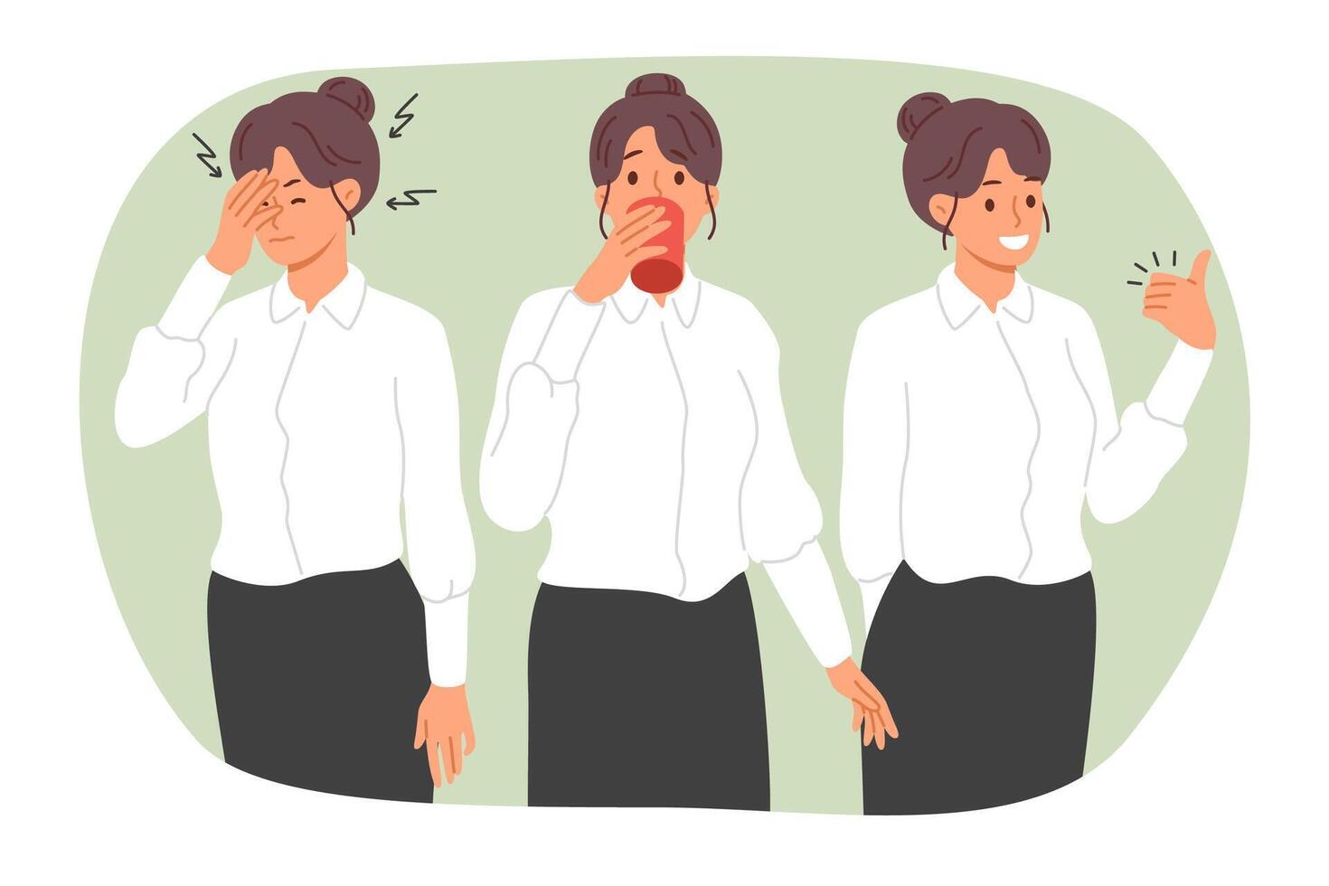 Business woman with headache or migraine drinks medicine and feels better, showing thumbs up gesture. Girl office clerk before and after taking headache pills, ready to start work. vector