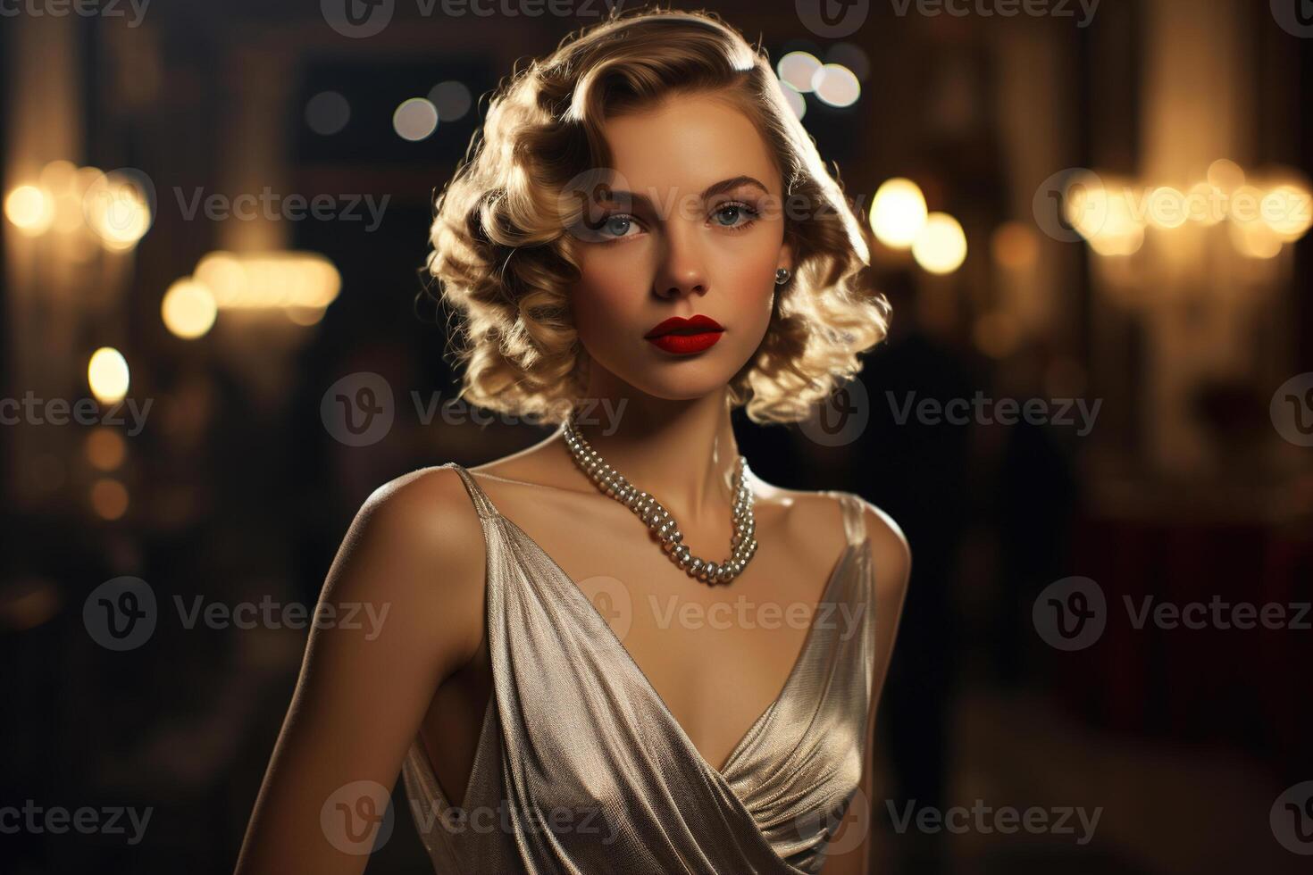 AI generated Vintage portrait of an elegant Caucasian blonde woman in an evening silver dress and jewelry in a restaurant photo