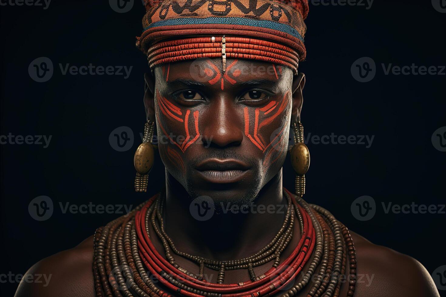 AI generated Portrait of an adult strong man of a traditional primitive African tribe photo