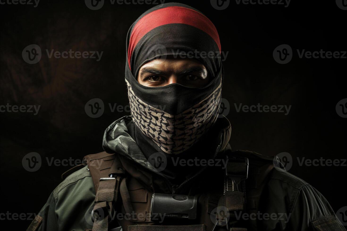 AI generated Portrait front view of a Palestinian soldier in a red-green mask looking at camera photo