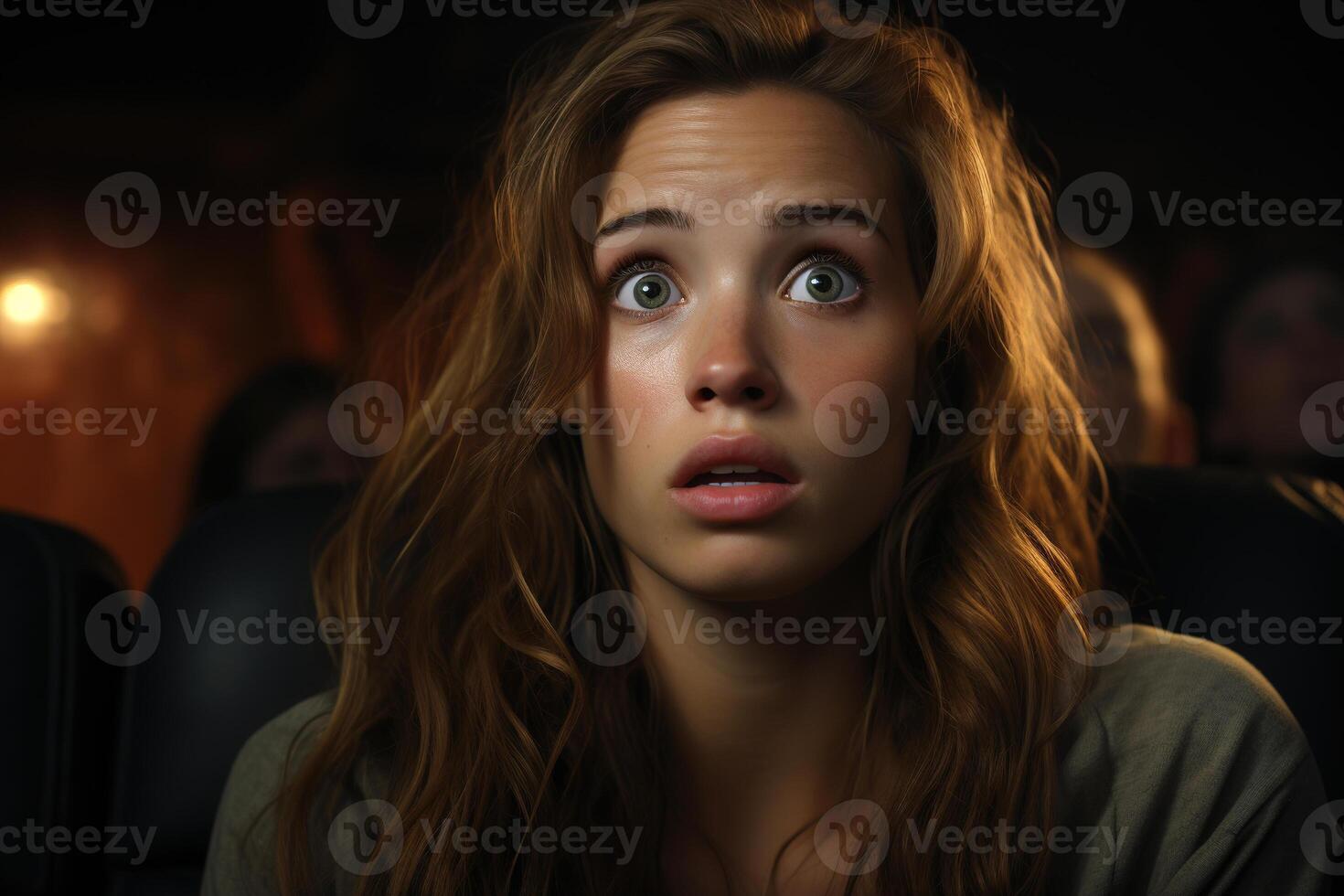 AI generated Shocked upset woman in public cinema watching movie, portrait of scared young woman viewer sitting with open mouth and big eyes photo