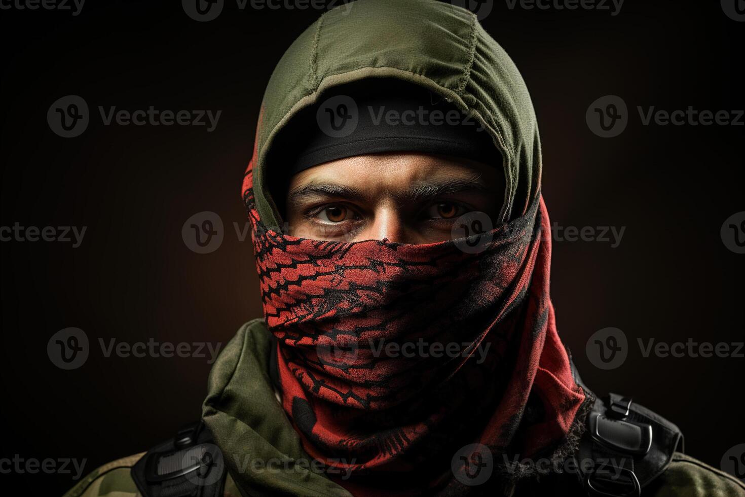 AI generated Portrait of a soldier in red-green mask, Palestinian guerrilla fighter on a black background looking at camera photo