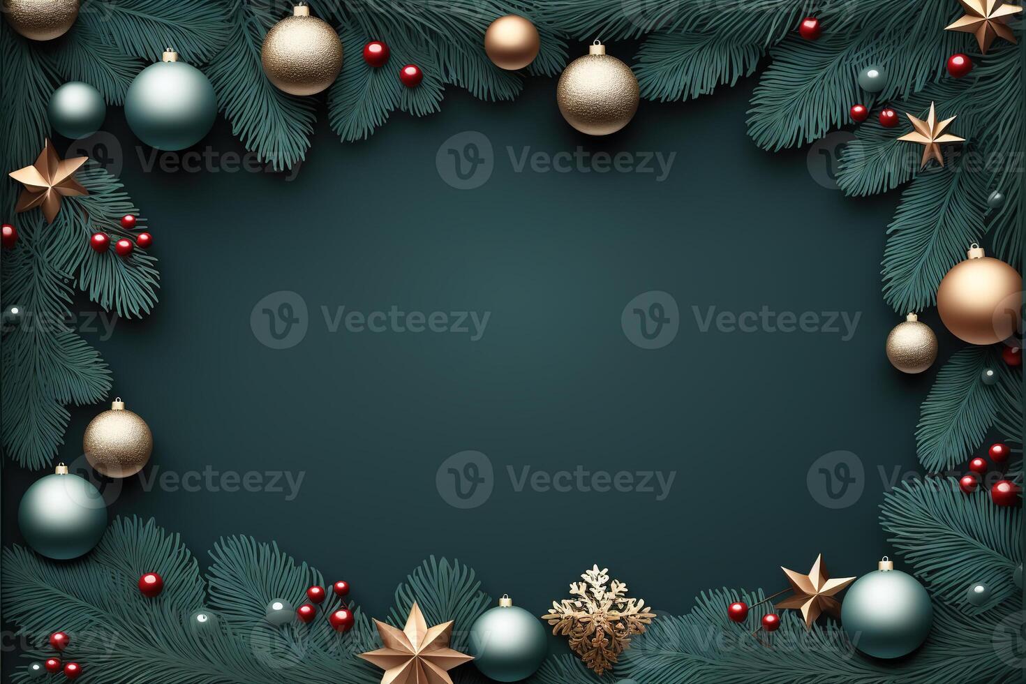 AI generated Christmas rectangular frame with empty space for text, Xmas decoration balls and fir branches on a green background photo