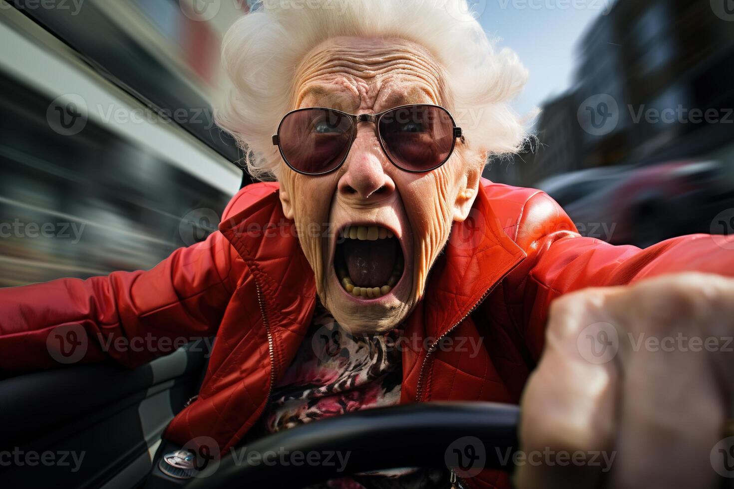 AI generated Funny screaming old woman driving a motorcycle, riding fast in the city, front view portrait photo