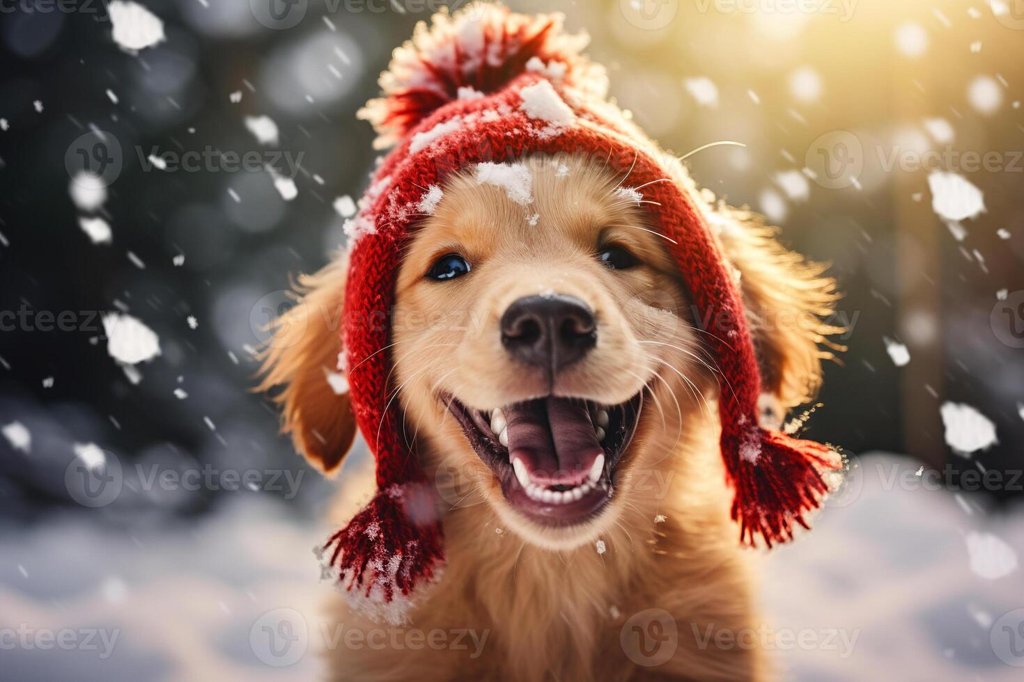 AI generated Cheerful playful purebred dog in a red Christmas hat in winter outdoors. Animal portrait of a funny pet in a knitted hat in a snowy forest on a sunny day looking at camera photo