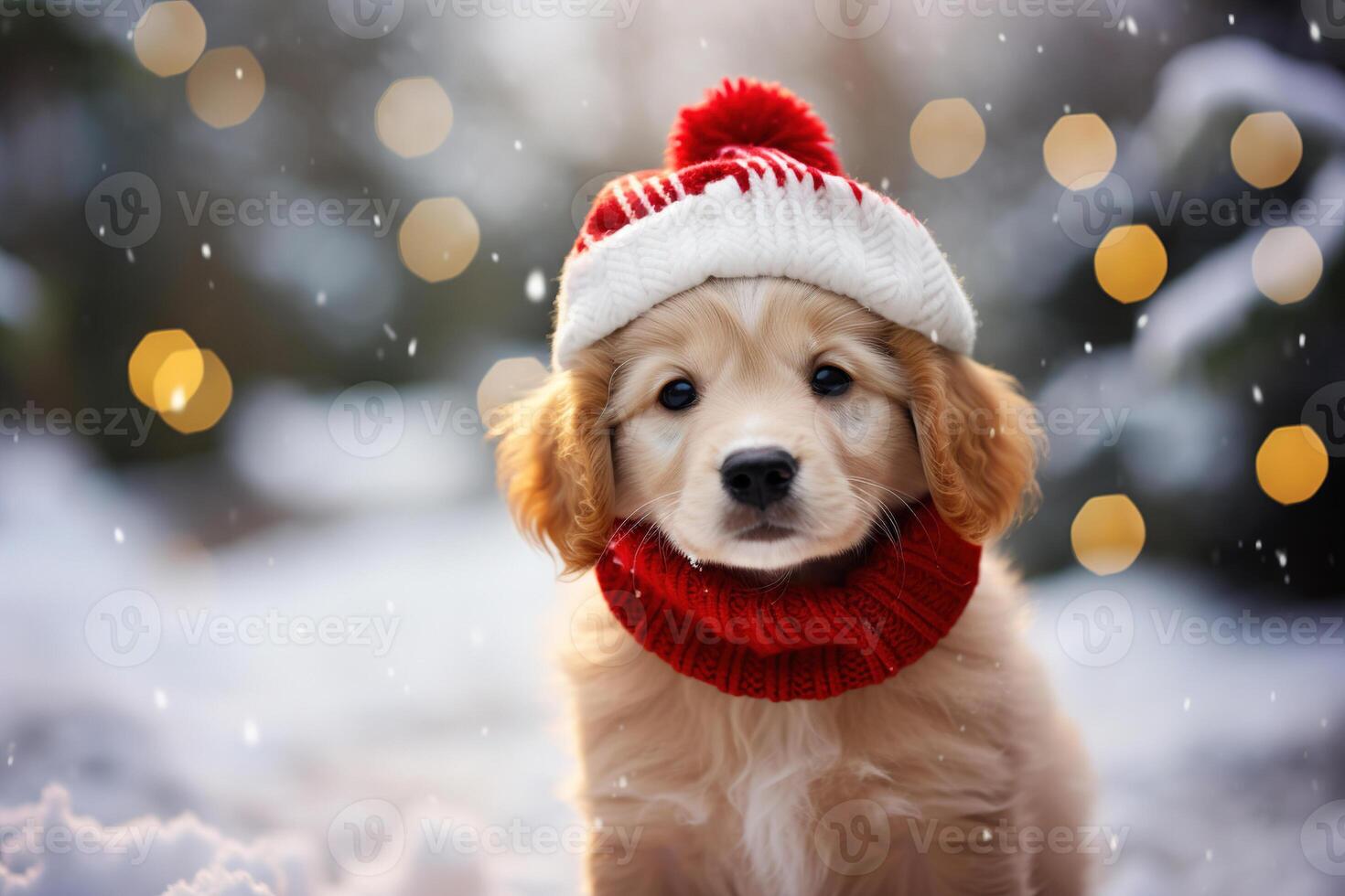 AI generated Dog Christmas. Cute purebred puppy in a knitted red hat and scarf sitting on a winter day in nature photo