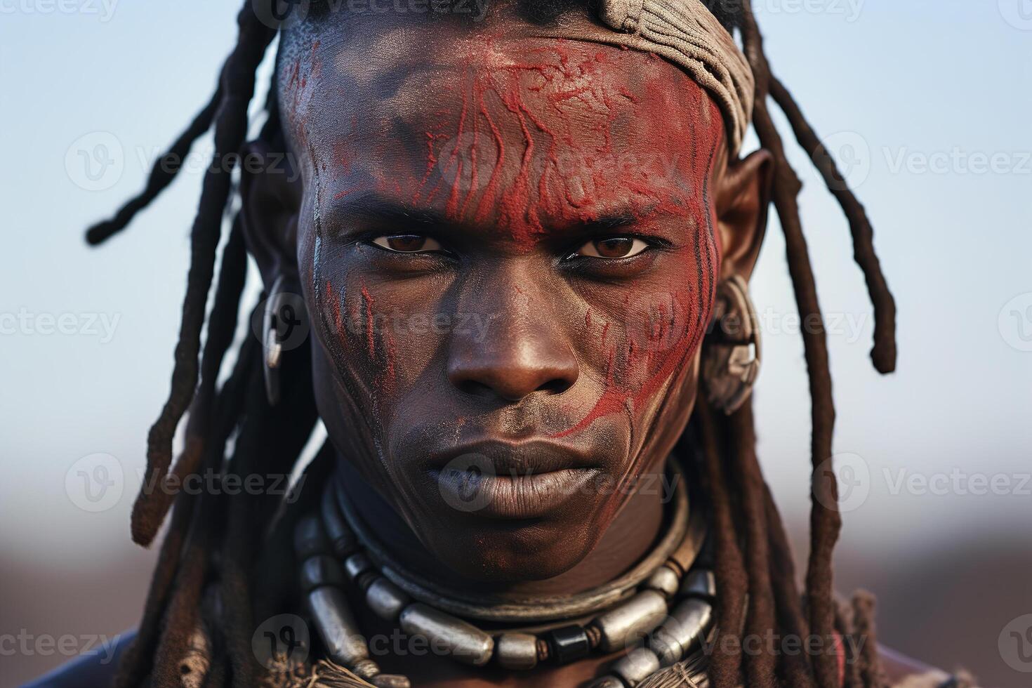 AI generated Portrait of a primitive strong serious African tribe man with traditional red paint on his face outdoors photo