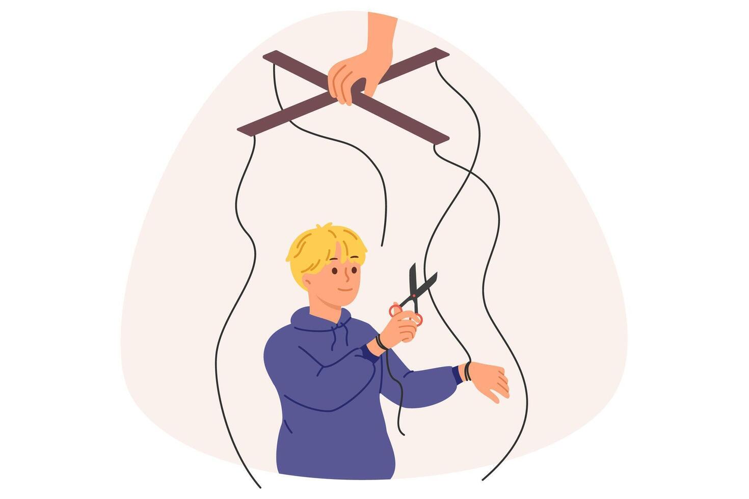 Independent boy frees himself from parental manipulation by cutting puppeteer ropes that interfere with self-development. Puppeteer hand is trying to control child and direct son in right direction vector