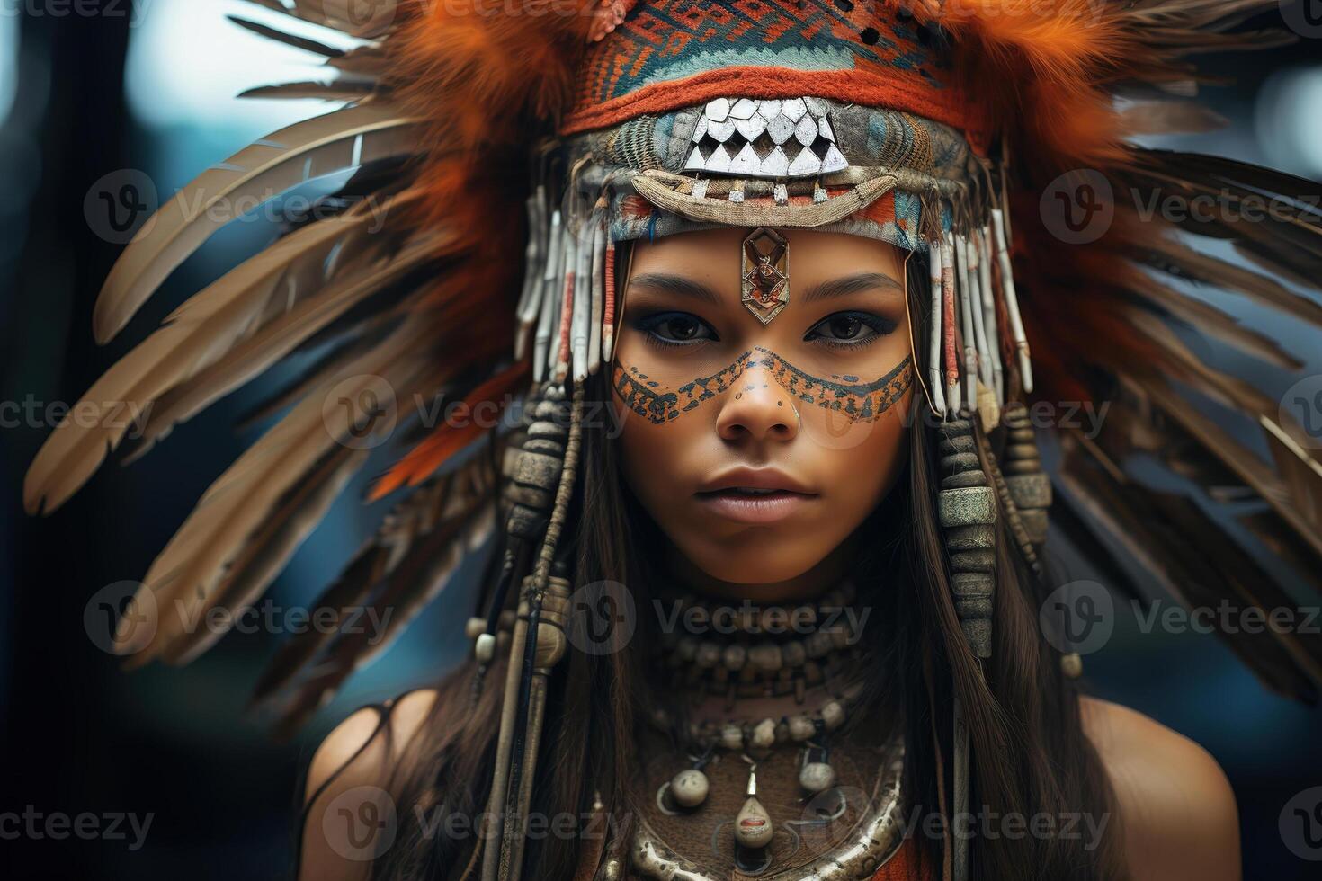 AI generated Portrait of a beautiful young American Indian indigenous woman with feathers on head and pattern on face outdoors photo