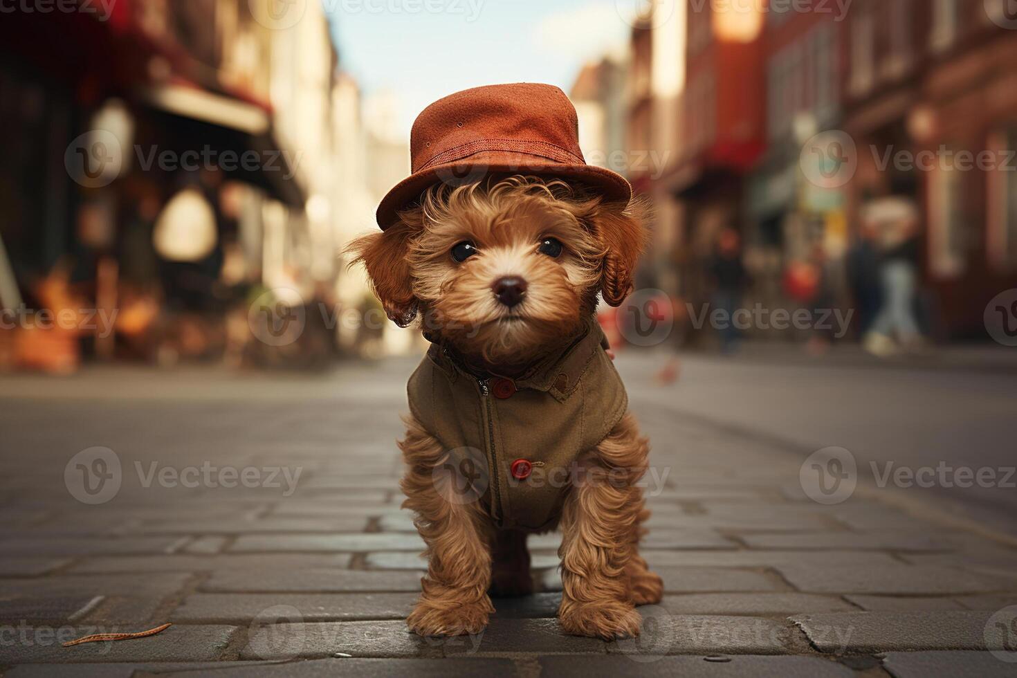 AI generated Funny cute pet puppy in clothes and a hat standing on street photo