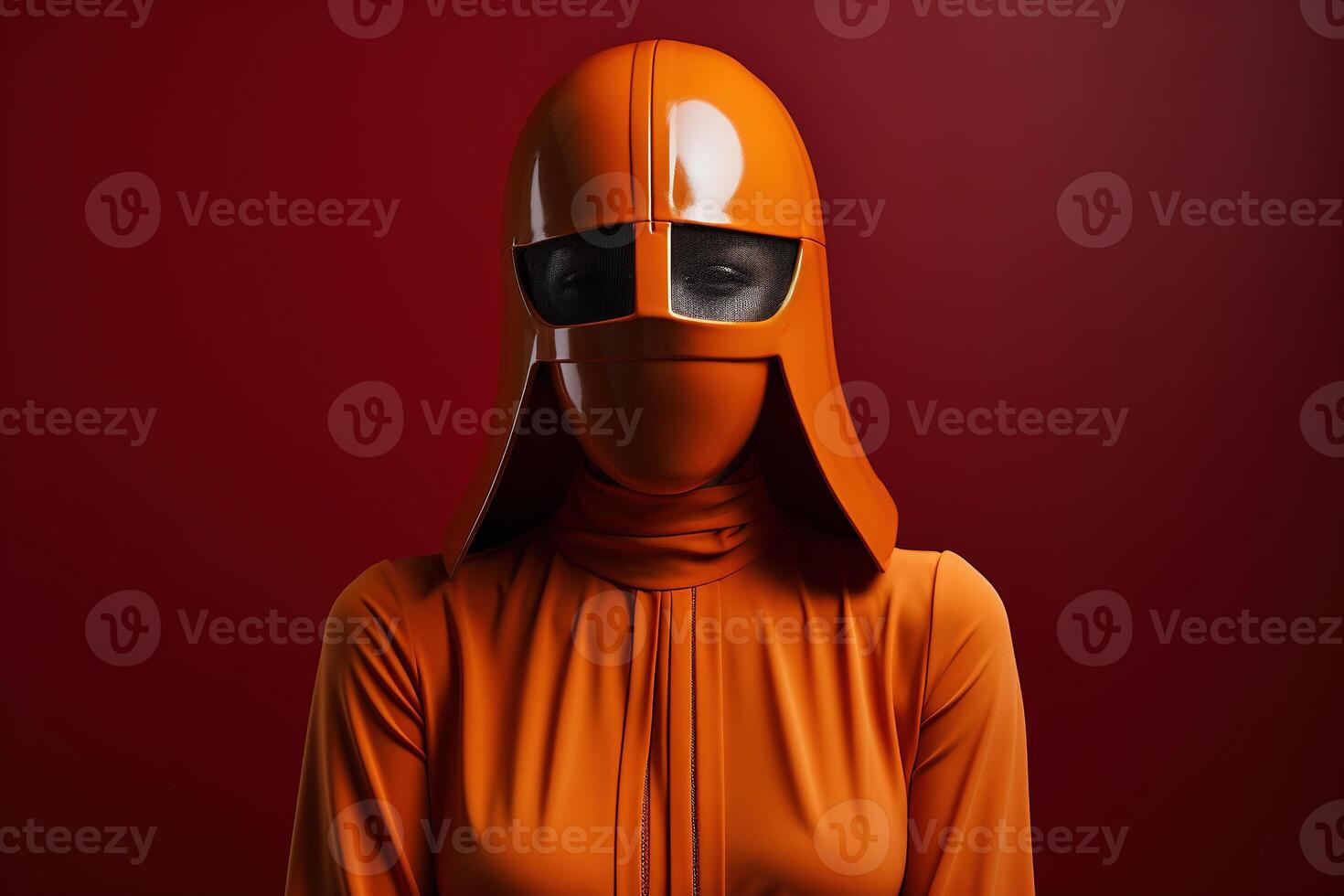 ai generado frente ver de un sin rostro mujer en un naranja Moda traje con un casco foto