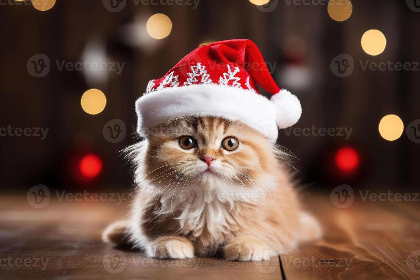 ai generado mullido linda pequeño Navidad gatito en un rojo Papa Noel claus sombrero acostado en piso en contra antecedentes de un decorado Navidad árbol, adentro foto