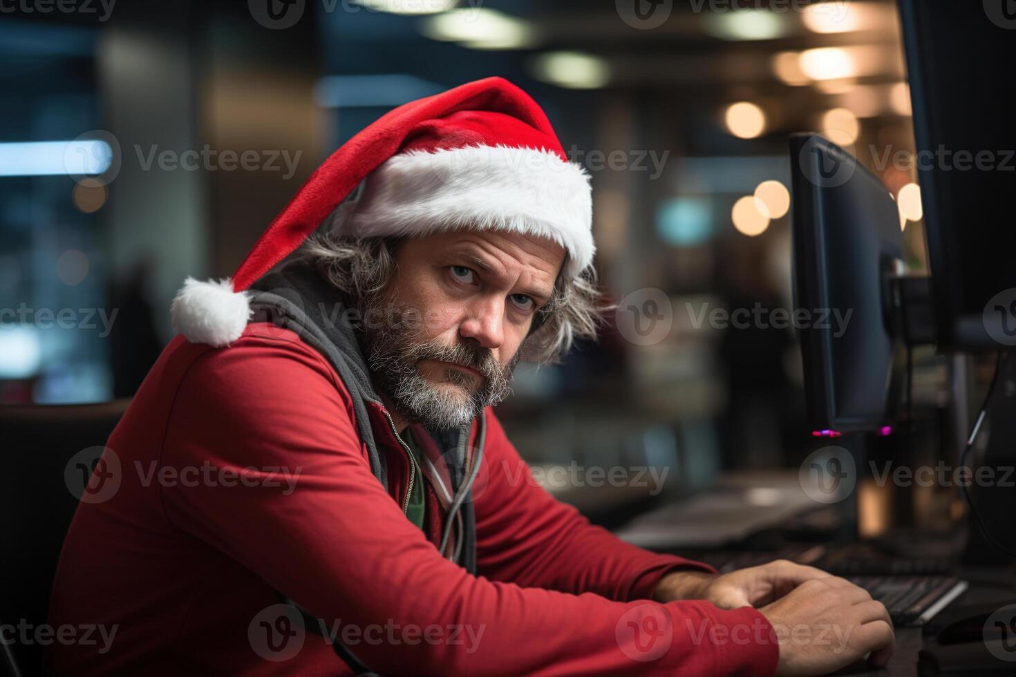 AI generated Work on Xmas holiday, Christmas overtime. Sad male worker in a Christmas red hat in office sitting at computer, waiting and looking away photo