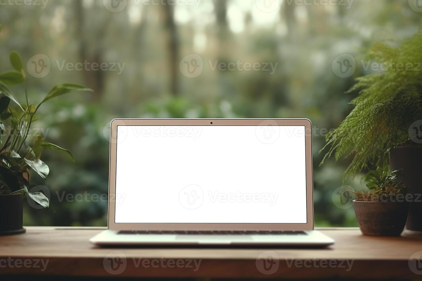 AI generated Laptop mockup on a table in garden, white blank screen with space for advertising photo