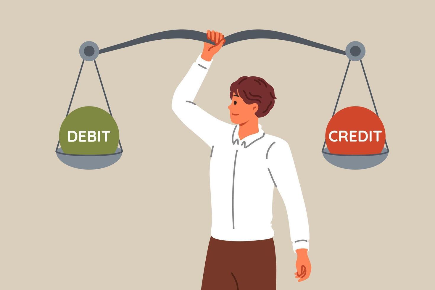 Man accountant compares debits and credits using giant scale to balance commercial company vector