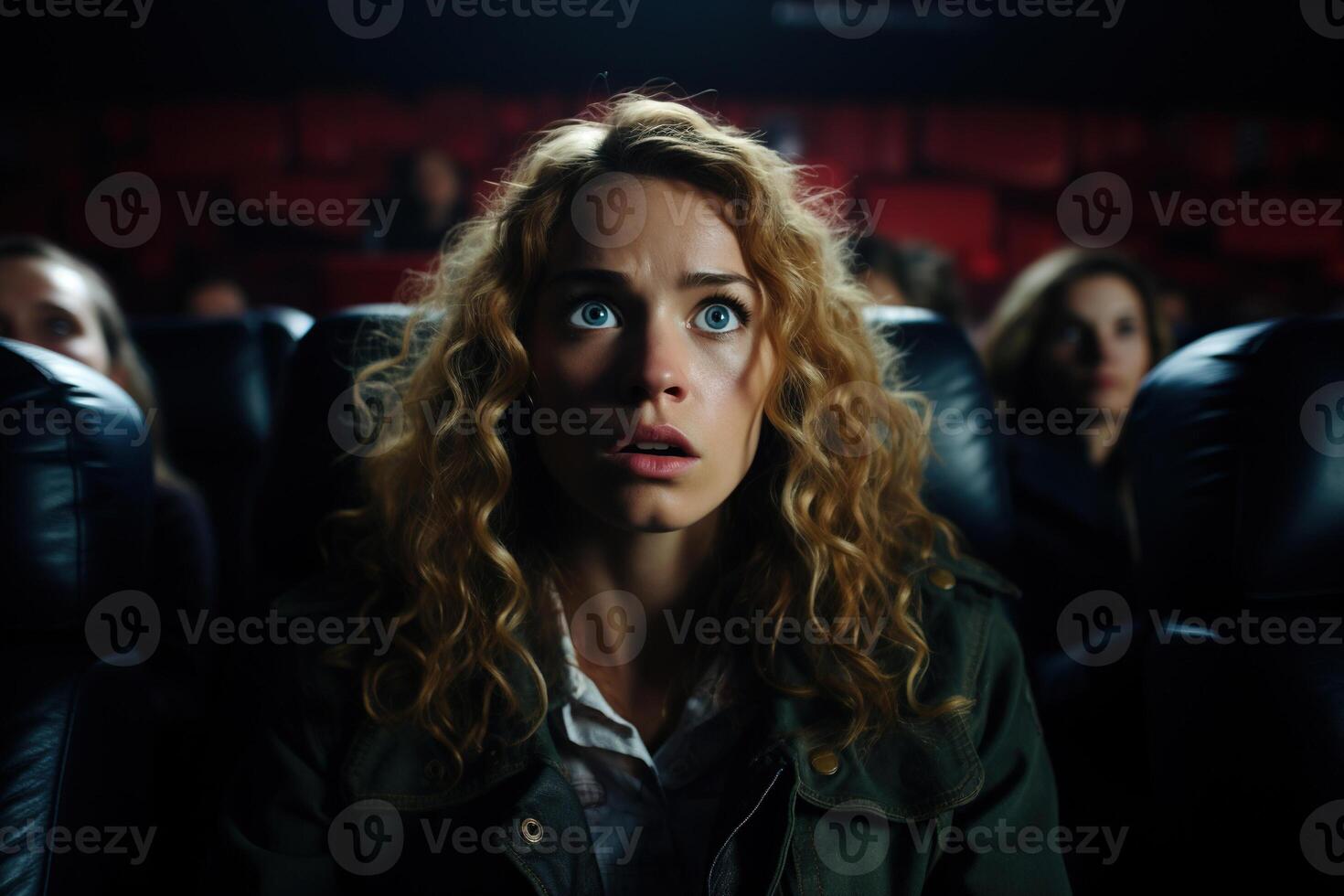 AI generated Scared woman in cinema, portrait of shocked young woman spectator sitting and watching horror movie photo