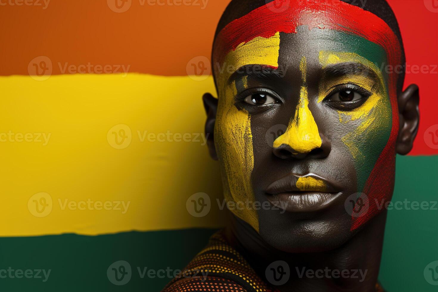 ai generado retrato de el cara de un africano americano hombre con maquillaje en contra un antecedentes de tradicional colores de negro historia mes, Copiar espacio foto