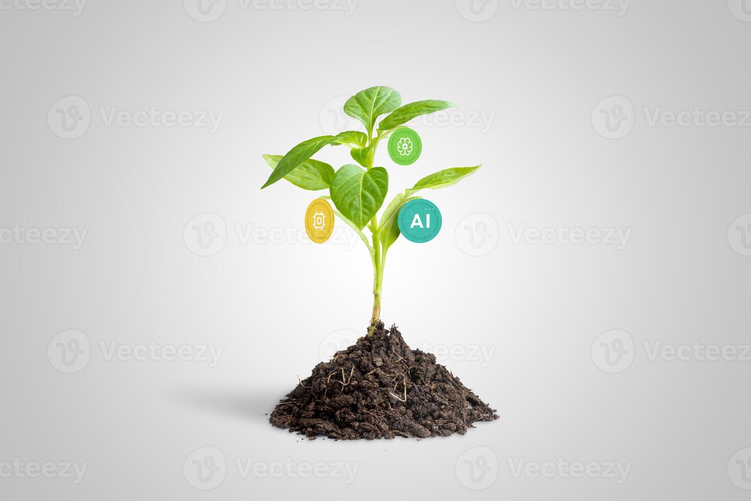 Growing AI industry. Plant with AI icons as fruits, symbolizing the evolution of ai with machine learning advancements photo