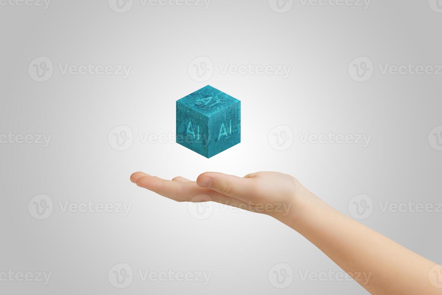 Hand presenting levitating cube with AI text, illustrating artificial intelligence advancements photo