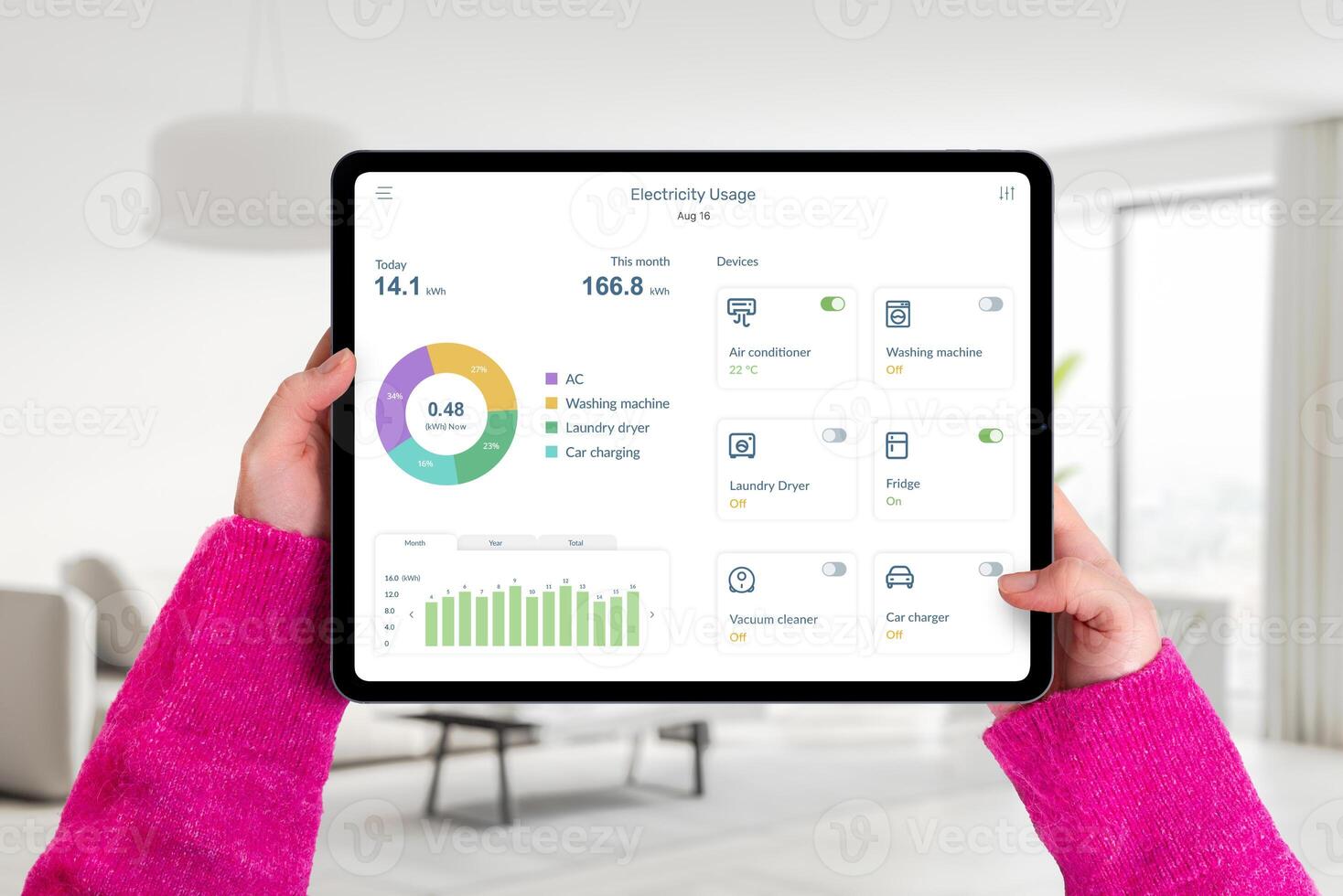 Hands hold tablet in living room with electricity usage app, monitoring consumption and controlling home devices. Concept of smart energy management photo