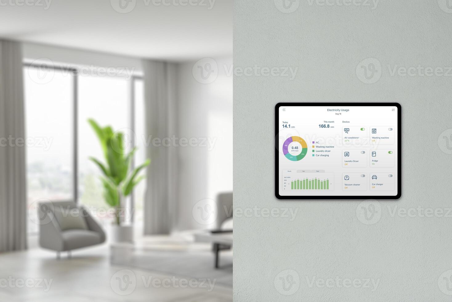Tablet displays energy consumption and device analysis in home on wall with living room background. Concept of smart home technology photo