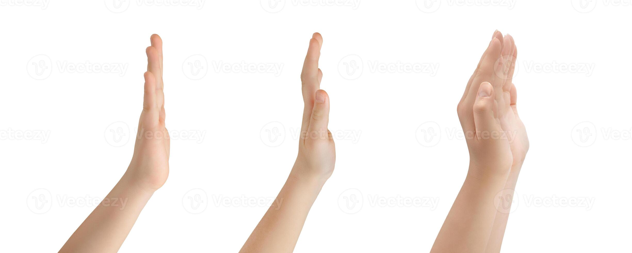 Hands in various gestures. Representing, showing, outstretched, holding gestures isolated on white background photo