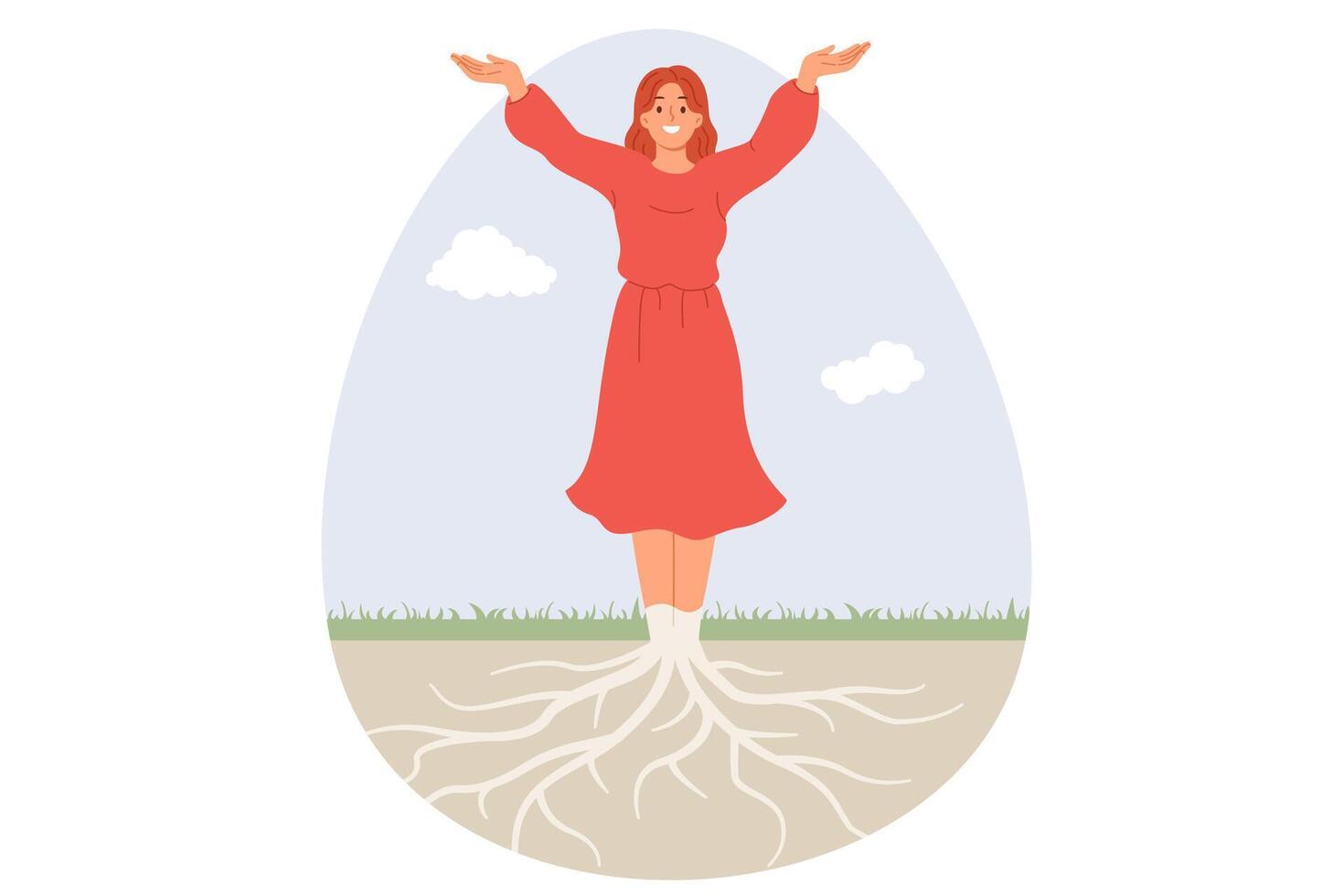 Unity of humanity and nature, with happy woman connected with roots going underground. Cheerful girl stands under summer sky calling to take care of environment or be in solidarity with nature vector