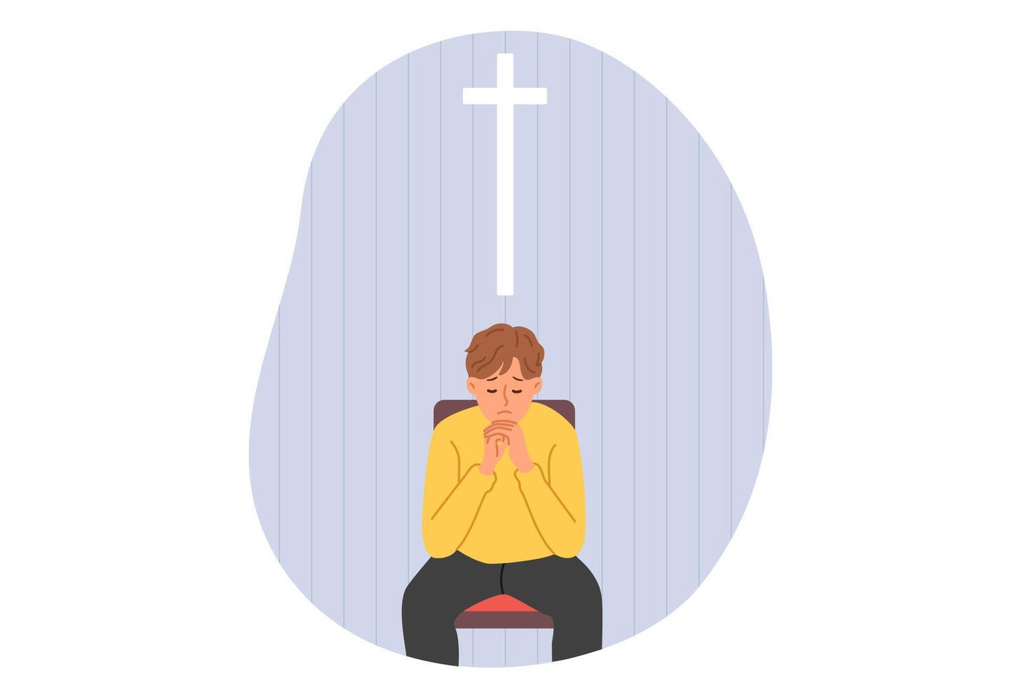 Praying teenage boy cries, sitting in church under catholic cross and prays for mother recovery. Praying teenage boy experiences grief and asks god for help, visiting christian cathedral alone vector