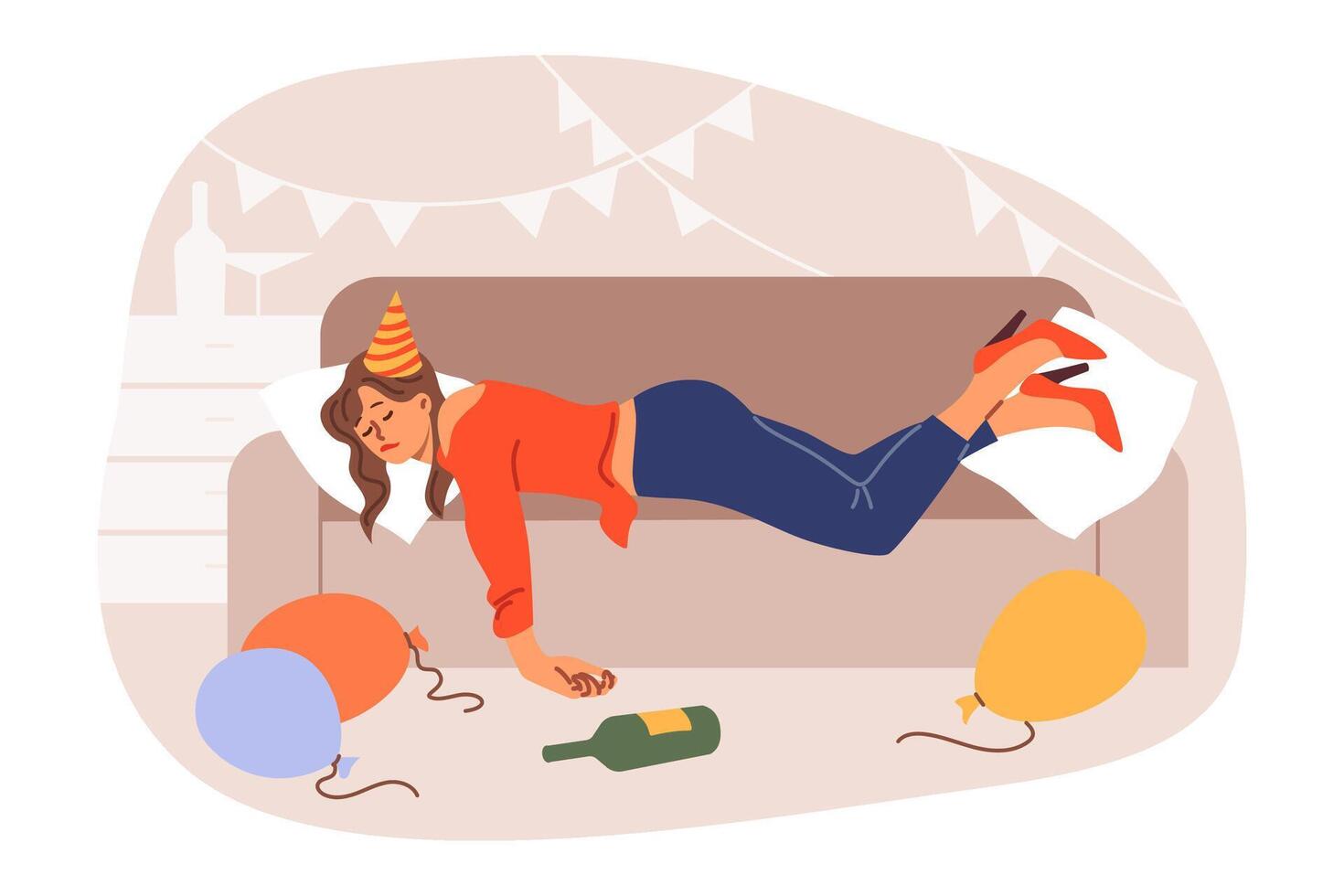 Drunk woman spins on sofa after birthday party, among scattered balloons and bottles. Consequences of party for girl who drank lot of alcohol and felt hangover, for concept of female drunkenness vector