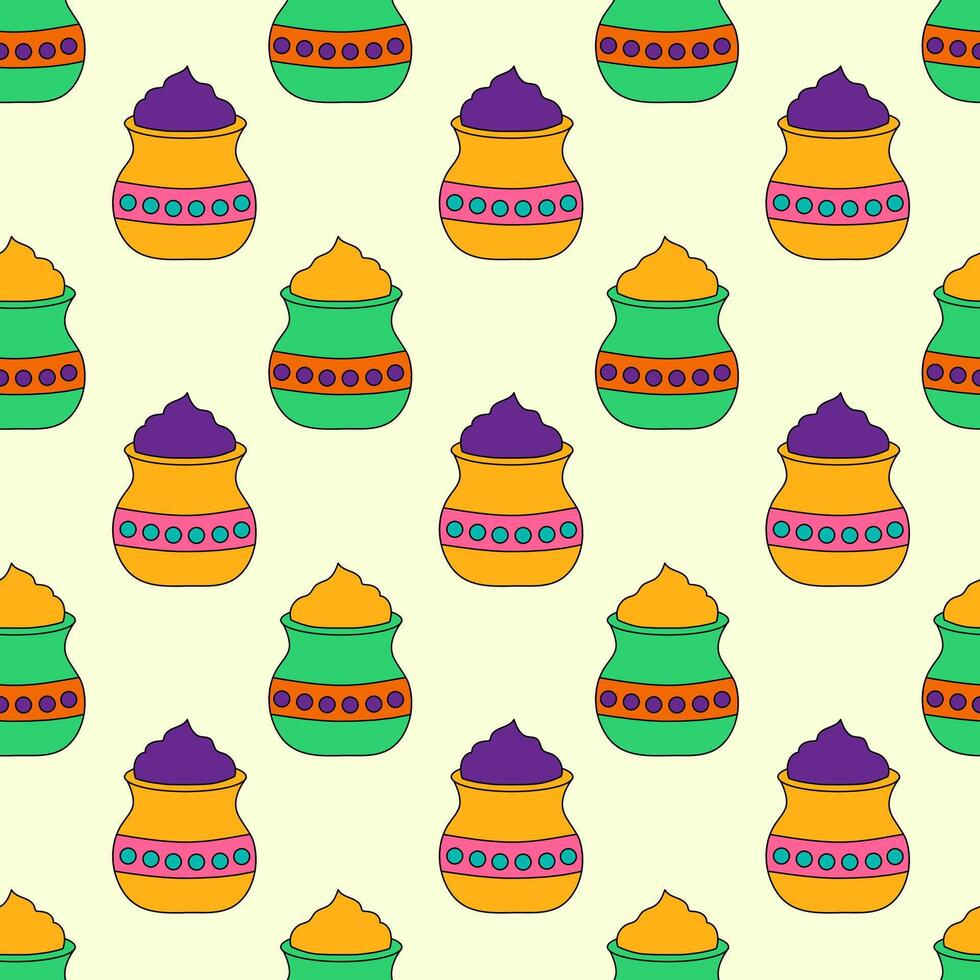 Seamless Pattern with Holi Jar gulal elements. Design for celebration of Indian festival of love and color. Vector flat illustration.