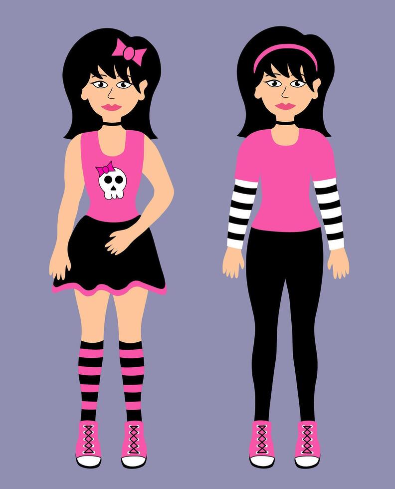 dibujos animados dos Adolescente muchachas emo. joven mujer con negro pelo vistiendo mini falda, camiseta con cráneo, banda para el cabello, pantalones, zapatillas. y2k 2000 estilo. negro y rosado. vector plano ilustración.