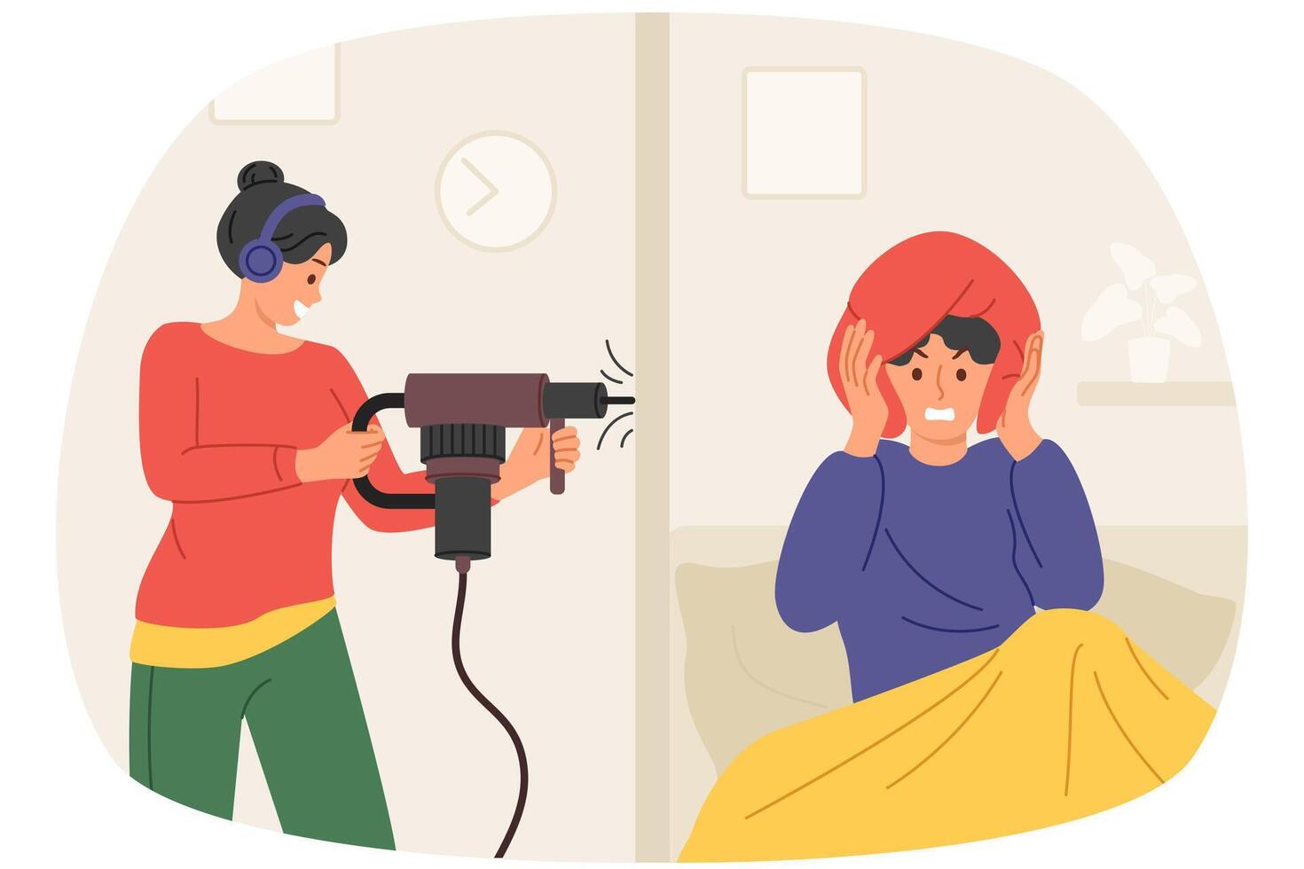 Noisy female neighbor with perforator disturbs sleep of man lying in bed and covering ears with pillow. Bad neighbor renovation causes discomfort for guy and headaches with migraines vector