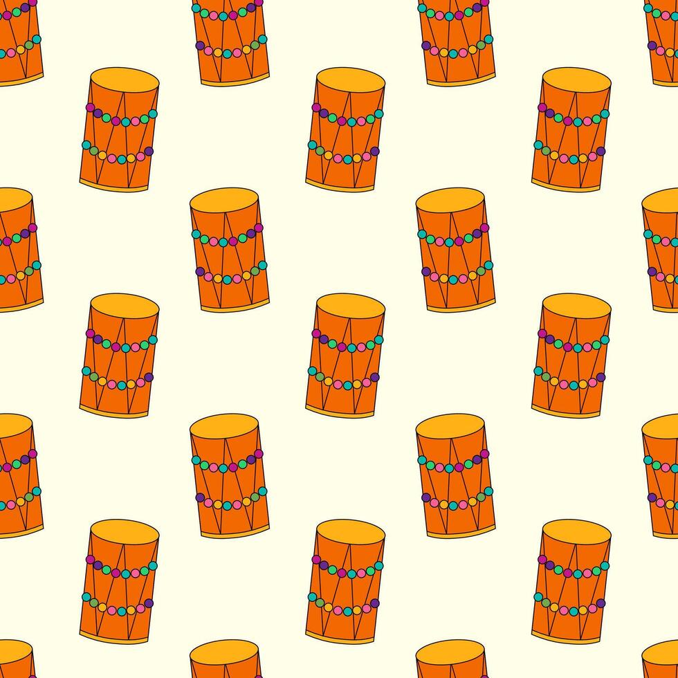 Seamless Pattern with Holi Drums Dhol elements. Design for celebration of Indian festival of love and color. Vector flat illustration.