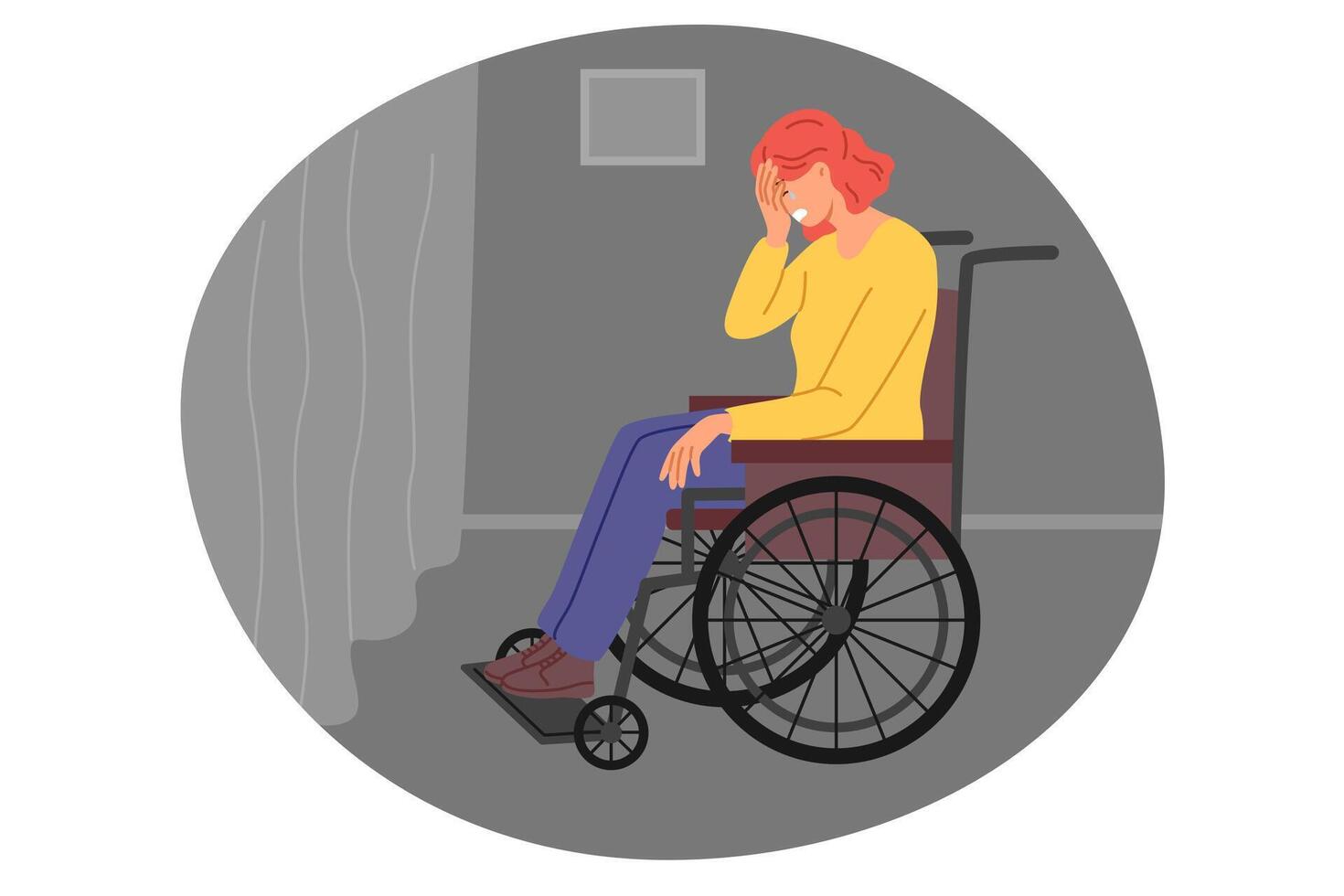 Woman sits on wheelchair and cries, being alone near window, feeling inferior and abandoned due to lack of help. Girl on wheelchair lost opportunity to walk in park after getting into car accident vector