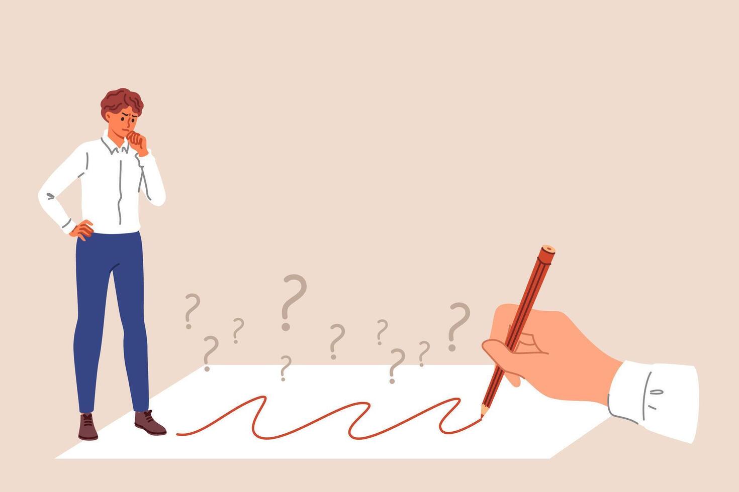 Businessman is considering correctness proposed solution and path that is drawn by hand with pencil vector