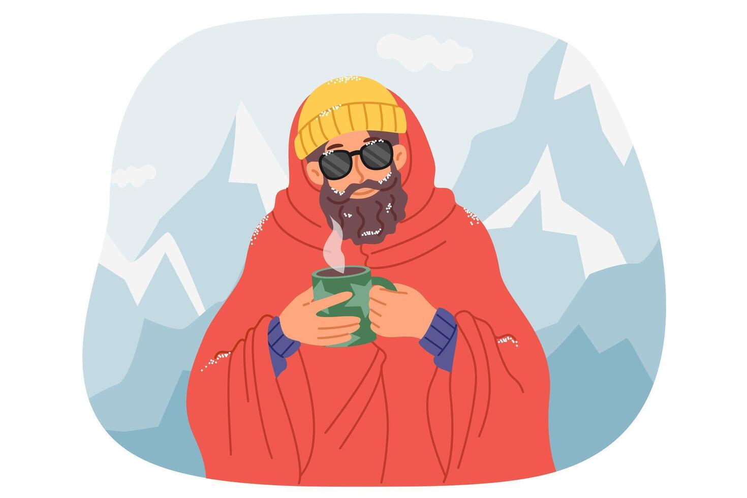 Man traveler drinks hot coffee, standing among snow-capped mountains after climbing to top. Traveler participating in winter hike is wrapped in warm blanket and holding mug with warming drink. vector