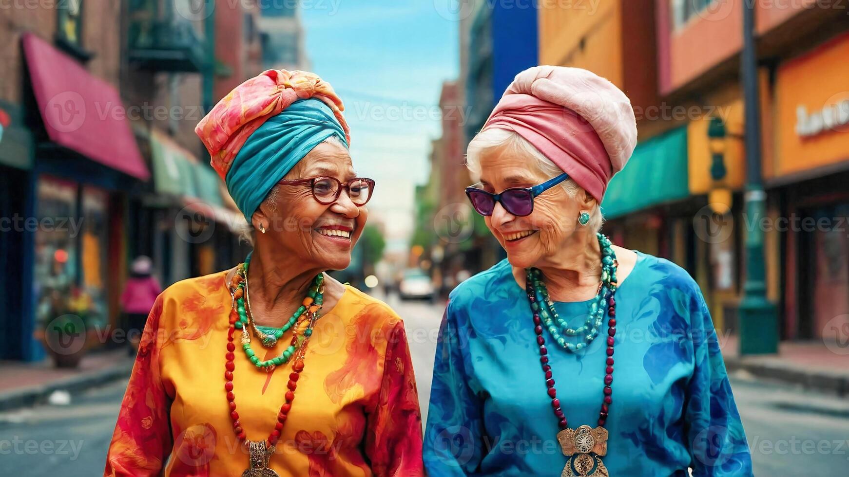 AI generated Two grandmothers, one with a vibrant headwrap and the other with a stylish hat, holding hands and smiling at each other photo
