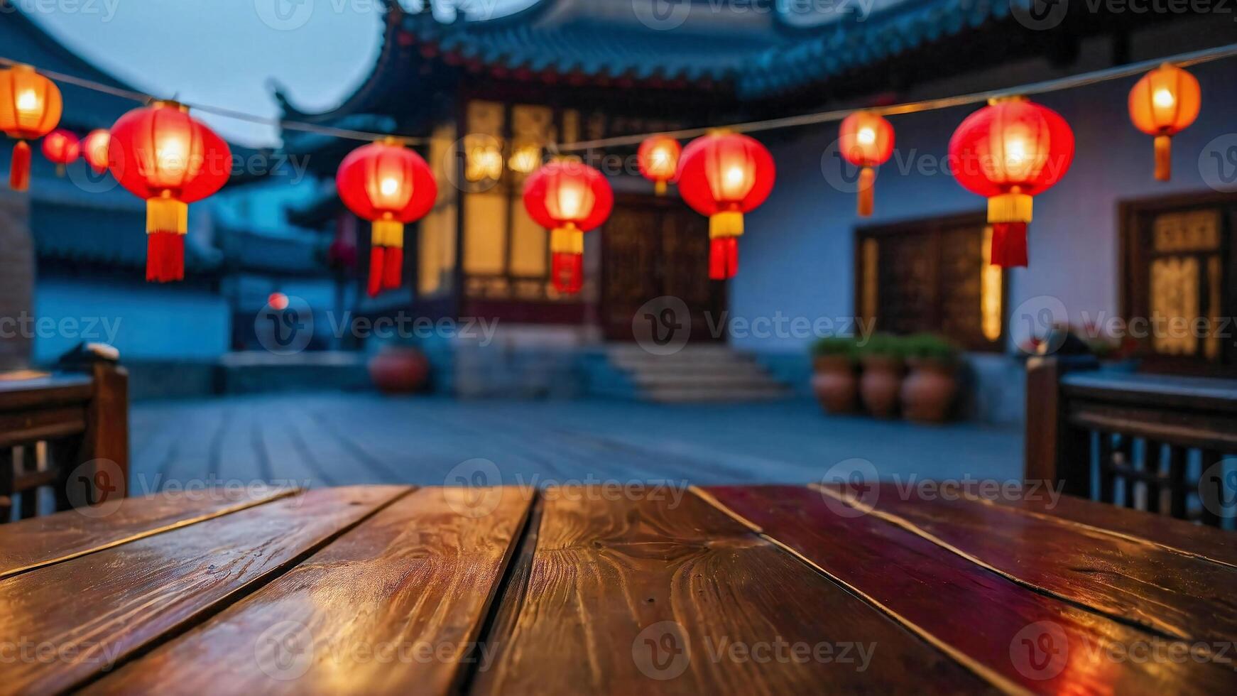 AI generated Empty table in front of Chinese street city with lanterns background. For product display montage photo