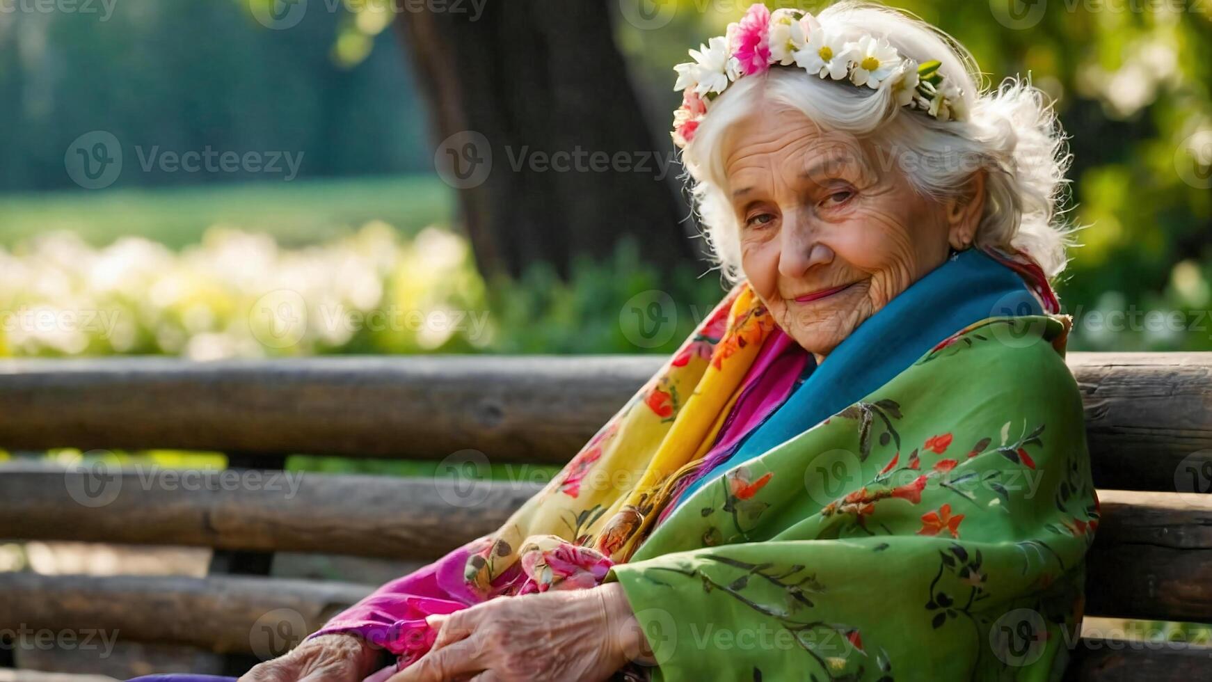 ai generado mayor mujer con un flor corona foto