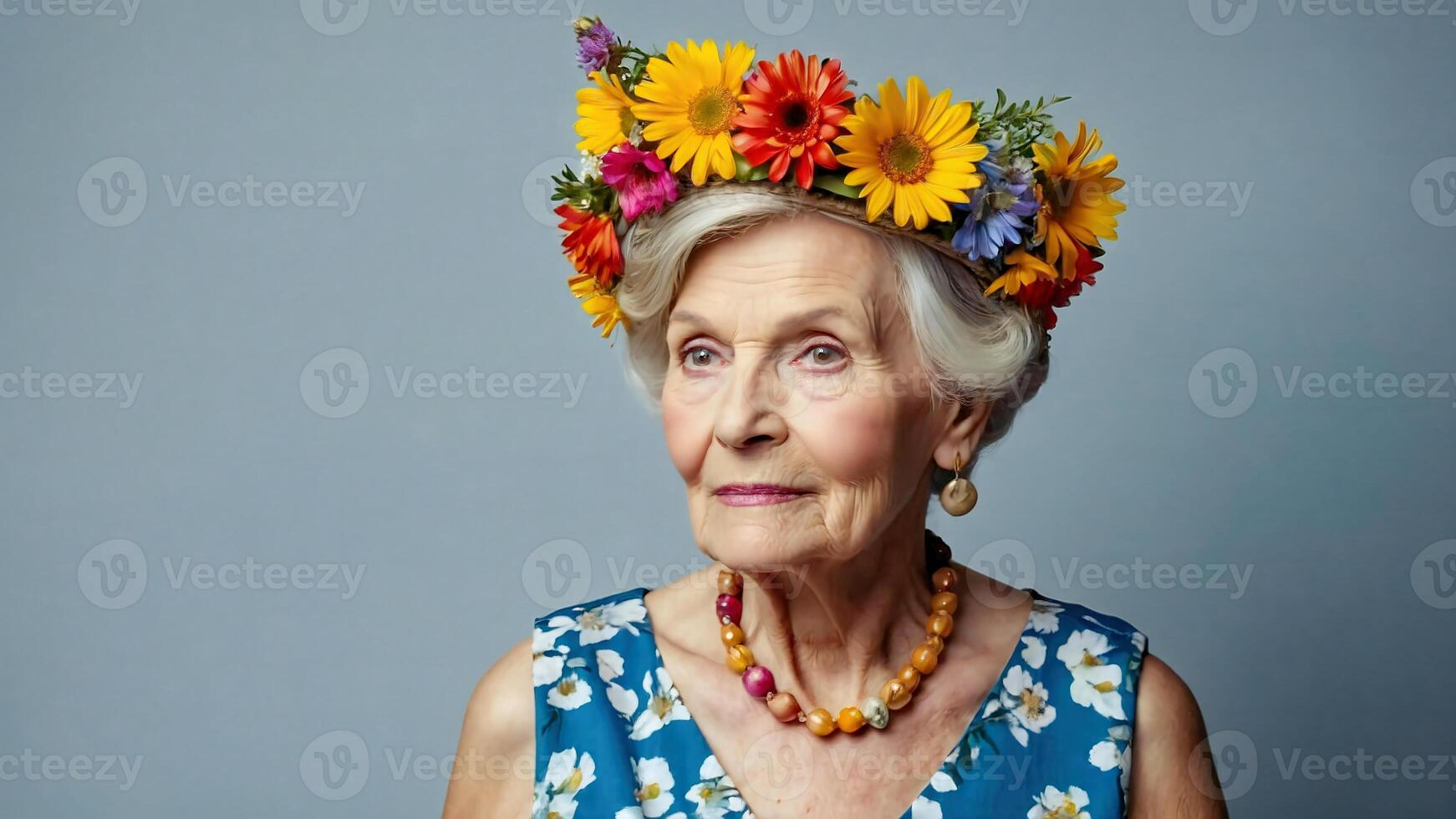 AI generated elderly women with a flower crown photo