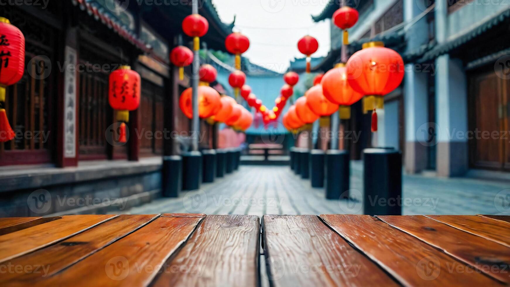 AI generated Empty table in front of Chinese street city with lanterns background. For product display montage photo