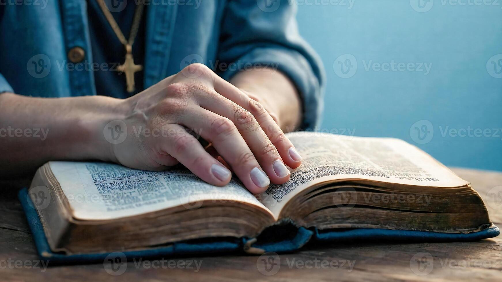 AI generated Hands in prayer on a Holy Bible in church concept for faith photo